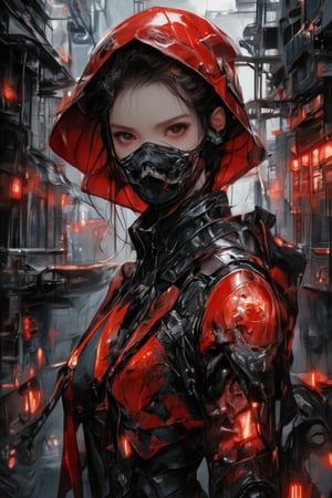 A cyberpunk girl wearing a red hooded jacket with futuristic symbols and tactical gear. She has dark hair, glowing red eyes, and wears a sleek black mask covering her face. Her jacket features various straps and tech details, giving her a street-smart, high-tech vibe. The background is illuminated with red neon lights and futuristic structures, with a dark, intense atmosphere. The entire scene has a sharp, high-contrast aesthetic, with a focus on red and black tones to create a bold, edgy look