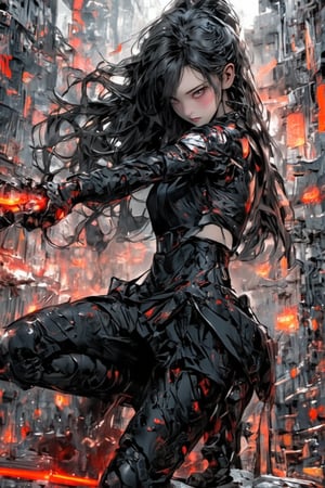 A fierce cyberpunk swordsman in a dystopian cityscape, wielding two glowing red-edged katanas. She has long, flowing dark hair, piercing red eyes, and wears a sleek, black tactical outfit with futuristic armor. Her dynamic pose suggests she's mid-battle, surrounded by flying debris and red energy shards. The background shows a futuristic skyline filled with tall, shadowy skyscrapers under a cloudy sky, evoking a tense, post-apocalyptic atmosphere. The contrast between the dark setting and the glowing red elements gives the image an intense, high-energy feel