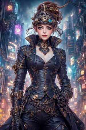 Hyperrealistic, hdr photo, steampunk girl standing confidently, dressed in Ghotic-era attire with metallic accessories, leather corset, goggles on her head, and intricate gears integrated into her outfit. Her arm has a glossy mechanical steampunk prosthetic, with brass and copper details. realistic detailed, The background is a cyberpunk cityscape, illuminated by neon signs, towering skyscrapers with holographic billboards, and futuristic vehicles zooming by. The scene is a blend of steampunk's vintage aesthetic and cyberpunk's neon glow, creating a striking contrast between the character and her high-tech environment, vivid and vibrant, sharp focus, photography shot style