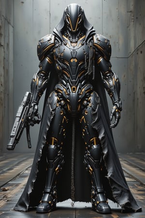 The prompt for this image was:

A powerful mecha with a elegen polymer body covered in rugged black gold plastic armor stands ready to attack. Its right arm is constructed from thick, iron chains, while its legs are formed from twisted iron wires, giving it a mechanical, industrial appearance. A long, torn leather robe covers its head, fluttering slightly as it moves, creating a sense of mystery and wear from battle. implan text on the body, The mecha grips a massive, futuristic gun in its remaining hand, the weapon radiating power and danger. The scene captures the mecha in an aggressive, action-ready stance, as if about to strike