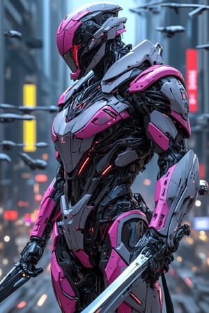 Create a futuristic mecha fighter designed with sleek, modular plastic armor that features vibrant colors and a gradient effect. The mecha is standing in a dynamic pose, holding a luminous sword with a glowing energy core, emitting beams of light. The background should depict a neon-lit cityscape, showcasing tall skyscrapers and flying drones. The armor should have LED accents that pulse with light, and the overall design should emphasize agility and advanced technology