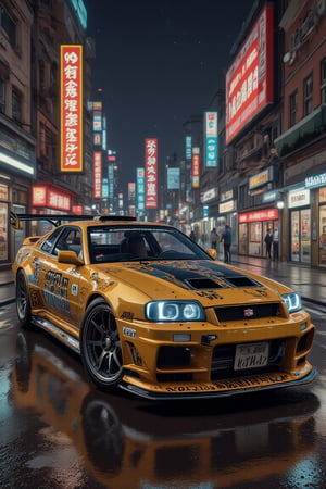 The prompt for this image was:

portrait, hyperrealistic, HDR photo, high resolution, RAW effect, Nissan GTR R34 modified car on the old village with dynamic post, yellow black colors, with racing vinyl on the body and scratch, highly detailed, realistic detailed, cyberpunk city background with Japanese characters and glowing signs, anime render effect, vivid and vibrant colors, sharp focus, trending on artstation