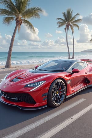 The prompt for this image was:

A highly realistic scene featuring a new Ferrari model, parked on the side of a beach with a palm tree. The car, with its sleek and modern design, glossy red paint, shines under the sun, reflecting vivid and vibrant colors. The beach setting includes clear blue skies, gentle waves, and the iconic silhouette of a palm tree swaying in the breeze. The overall scene feels dynamic, luxurious, and alive with the contrast between the elegance of the car and the relaxed beach atmosphere