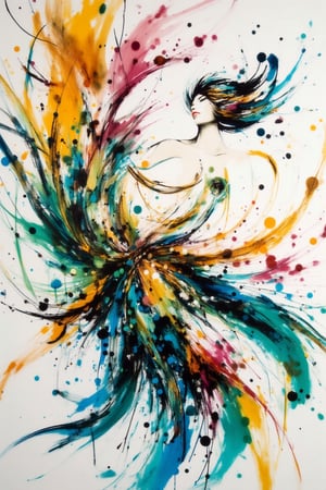 The prompt for this image was:

An alcohol ink painting on white canvas depicting a woman dancing in combination with wild nature, The abstract style uses fluid, swirling colors to represent the dancer's movements, with vibrant colors blending gracefully across the canvas. cover with gold line the image, Her figure is captured in mid-motion, with soft, flowing lines suggesting elegance and freedom. The ink forms a dynamic and ethereal sense of motion, creating a dreamlike atmosphere, as the vivid colors merge and flow together in harmony