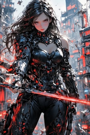 A fierce cyberpunk swordswoman in a dystopian cityscape, wielding two glowing red-edged katanas. She has long, flowing dark hair, piercing red eyes, and wears a sleek, black tactical outfit with futuristic armor. Her dynamic pose suggests she's mid-battle, surrounded by flying debris and red energy shards. The background shows a futuristic skyline filled with tall, shadowy skyscrapers under a cloudy sky, evoking a tense, post-apocalyptic atmosphere. The contrast between the dark setting and the glowing red elements gives the image an intense, high-energy feel