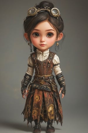 The prompt for this image was:

Create a 3D chibi girl with large, expressive eyes and a cute, exaggerated head-to-body ratio. She is dressed in detailed steampunk attire, featuring a brown leather corset, a ruffled white blouse, and a layered skirt with gear and clockwork patterns. Her accessories include small brass goggles resting on her head, fingerless gloves, and a tiny belt with metallic gadgets hanging from it. The overall style combines Victorian-era fashion with steampunk elements, such as brass gears, leather straps, and metallic accents, giving the character a charming and whimsical look