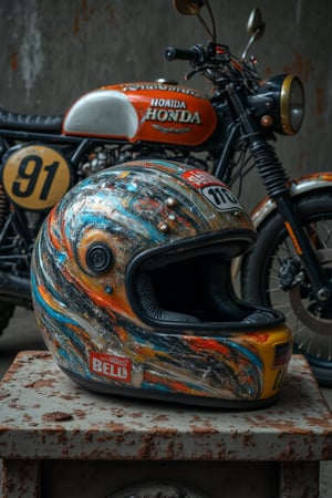 oil ink painting, RAW effect, close up, a helmet placed on a concrete table, there are racing pattern and text "BELL" on it, highly detailed, sharp focus, the background is an old HONDA motorcycle, in a dark empty room, with a concrete wall behind, highly detailed, realistic detailed, sharp focus, fine clear, trending on artstation