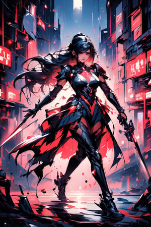 The prompt for this image was:

A full-body view of an anime fighter mecha in a dynamic action pose. The mecha is armed with both a futuristic gun and a glowing energy sword, wearing a luminous, glowing dress-like armor. The backdrop is a vibrant, neon-lit cyberpunk city with towering skyscrapers and streets filled with futuristic tech. The scene is highly detailed with vivid, vibrant colors, showing the reflections of neon lights on the wet ground. The fighter is mid-combat, captured in motion, surrounded by the intense glow of city lights and high-tech elements, giving off an energetic and sci-fi vibe