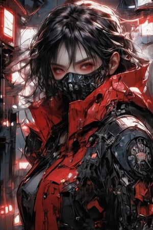 A cyberpunk girl wearing a red hooded jacket with futuristic symbols and tactical gear. She has dark hair, glowing red eyes, and wears a sleek black mask covering her face. Her jacket features various straps and tech details, giving her a street-smart, high-tech vibe. The background is illuminated with red neon lights and futuristic structures, with a dark, intense atmosphere. The entire scene has a sharp, high-contrast aesthetic, with a focus on red and black tones to create a bold, edgy look