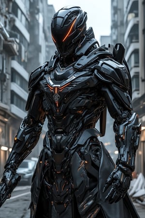 The prompt for this image was:

full body view, A futuristic mecha cyborg humanoid with a sleek polymer body armor, covered with leather torn robe, designed with a metallic black and synthetic blend. The armor is composed of segmented plates chain that cover the chest, arms, and legs, giving a robust yet agile appearance. The mecha's face has a helmet-like structure with glowing eyes. In its hand, it wields a massive, futuristic sword with intricate engravings along the blade, which emits a faint glowing aura. The setting is a dystopian, neon-lit city, with tall, cyberpunk-style buildings in the background, casting reflections off the polished armor