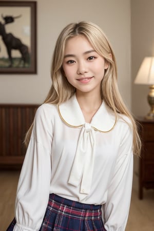 A beautifully detailed, sharp-focus scene featuring a 15-year-old Asian girl, youthful and radiant, as she leans back with a genuine smile. Her long light blonde hair flows naturally as she relaxes in a cozy room adorned with whimsical children's artwork. The setting captures a peaceful moment, with soft light highlighting her striking, expressive eyes, soft baby-fat face, high nose, and slim, delicate proportions. Her soft, youthful skin and slender frame are shown in a cowboy shot, emphasizing her graceful, healthy figure. She is wearing a traditional Japanese high school uniform with a navy pleated skirt and a white sailor-style blouse with a ribbon tie. The blouse is neatly worn, and her sleeves are casually rolled up, giving her a relaxed and carefree look. The scene radiates warmth and innocence, focusing on the girl’s natural beauty and the comforting atmosphere around her.