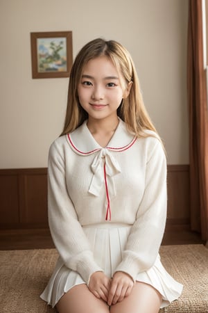 A beautifully detailed, sharp-focus scene featuring a 12-year-old Asian girl, youthful and radiant, as she leans back with a genuine smile. Her long light blonde hair flows naturally as she relaxes in a cozy room adorned with whimsical children's artwork. The setting captures a peaceful moment, with soft light highlighting her striking, expressive eyes, soft baby-fat face, high nose, and slim, delicate proportions. Her soft, youthful skin and slender frame are shown in a cowboy shot, emphasizing her graceful, healthy figure. She is wearing a traditional Japanese high school uniform with a navy pleated skirt and a white sailor-style blouse with a ribbon tie. The blouse is neatly worn, and her sleeves are casually rolled up, giving her a relaxed and carefree look. The scene radiates warmth and innocence, focusing on the girl’s natural beauty and the comforting atmosphere around her.