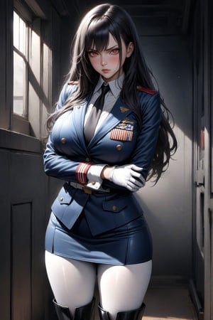 realistic, masterpiece, best quality, ultra-detailed, very aesthetic, illustration, perfect composition, intricate details, absurdres,

1 girl, very beautiful, fit body, long hair, black hair, shiny hair, hair over shoulders, sidelocks, crimson eyes, blue USA military uniform, long sleeves, short pencil skirt, white pantyhose, black tie, white pantyhose, white gloves, white belt, (white cuffs), (black knee-high boots:1.4), big breasts, glaring side at viewer, standing, arms folded, blush, full body shot