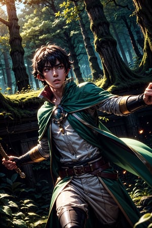 half elf, lone ranger, orange eyes, naofumi iwatami, forest background, bow in hand, ready to fight, attentive, dungeons and dragons, boy, (medium long shot), high quality, Magic Forest