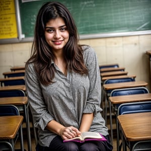 beautiful cute young teenage girl, 18 years old,teaching in schhol, long black_hair, colorful hair, warm, dacing , like teacher, indian school teacher, Real Indian Girl, in school, hold a book in hand