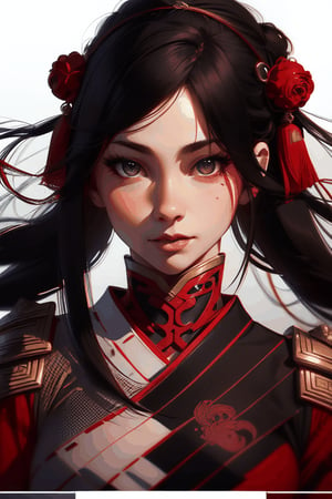 1 Girl, Woman, Elegant, Ink, Chinese Armor, ((2.5D)), Black Hair, Floating Hair, Delicate Eyes, Black and Red Antique Damascus Hanfu, Fov, (F1.8), (Masterpiece), (Portrait), Front Shot, White Background, (Movie Poster)