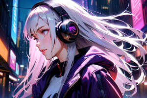 1 girl, white hair, long hair, technological clothing masterpiece, best quality, realistic, realism, dark purple jacket, portrait, detailed eyes, wearing headphones, platinum hair, 21 year old girl, fashion pose, half body, shot wide, on the street, cyberpunk