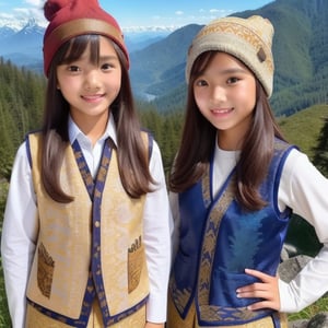 (((masterpiece, best quality, original, natural, authentic))) 2 teenage girls, 9 years old, ((beautiful, innocent, cute, innocent, young, elegant)) ((tan skin)) hair with bangs, long , flowing neatly, ((wearing a beanie)) ((long-sleeved t-shirt)) ((wearing a thick vest)) (((Javanese batik motif vest))) ((army shorts)) standing at the highest peak of the mountain, morning, sun rising, smiling, cheerful,