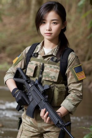 female soldier, 14 years old, beautiful, graceful, female special forces, in tropical forests, riverbanks, waterfalls