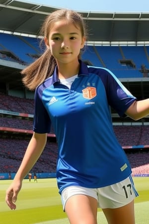 female soccer player, 14 years old, ((beautiful, innocent, cute, graceful)) playing football, in the stadium, Dutch women's soccer team,