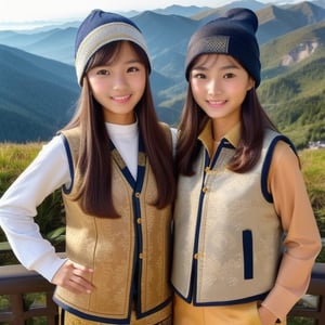 (((masterpiece, best quality, original, natural, authentic))) 2 teenage girls, 14 years old, ((beautiful, innocent, cute, innocent, young, elegant)) ((tan skin)) hair with bangs, long , flowing neatly, ((wearing a beanie)) ((long-sleeved t-shirt)) ((wearing a thick vest)) (((Javanese batik motif vest))) ((army shorts)) standing at the highest peak of the mountain, morning, sun rising, smiling, cheerful,