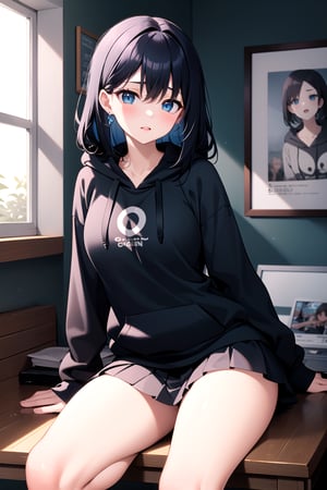 a woman with long black hair wearing a hoodie, blue eyes wearing a black hoodie, cg visual novel, in a room background with a sunny window, a girl with black hair and blue tips wearing a hoodie, a girl in a hoodie, dressed in a schoolgirl style skirt, genius female aesthetic, artistic jewel, beautiful room background, with astronaut poster, aesthetic room, window, midday sun