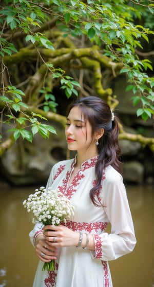 a woman stands in front of a body of water. She is dressed in a long-sleeved white dress, adorned with a maroon print. Her hair is pulled back in a ponytail, adding a touch of texture to her face. The woman is holding a bouquet of white flowers in her hands, her left hand resting on her hip. Her left wrist is adorned with bracelets and a silver bracelet. The backdrop is a verdant tree with green leaves, and moss growing on the rocks. The water is a murky brown, creating a peaceful and serene atmosphere.