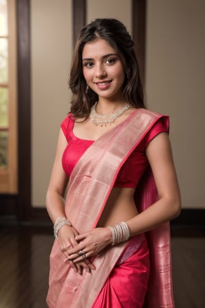 A studio portrait of a bride adorned in an elegant Indian saree, the half-body composition capturing her radiant smile and bridal glow, every intricate detail of her attire and jewelry highlighted in ultra-high-definition (UHD) and 4K resolution, Photography, using studio lighting to enhance the bride's beauty and the richness of her saree, --ar 16:9 --v 5, photography, best quality, ultra quality, 8k UHD, 16k, 32k, cute slightly pink dress,SD 1.5