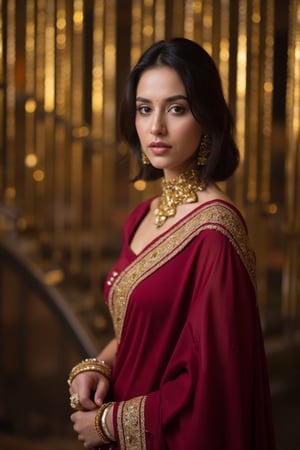 A serene Indian woman, draped in a vibrant saree, stands confidently at a elegant function. The rich colors of her attire complement the soft glow of the chandeliers, while the gentle curve of the staircase provides a subtle backdrop. Her pose exudes poise and confidence, as if embracing the evening's festivities.