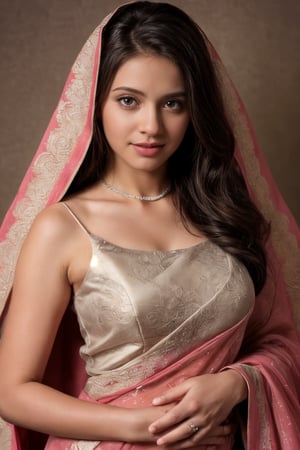 AA studio portrait of a bride adorned in traditional bridal saree, the half-body composition capturing the excitement and anticipation in her eyes, the studio backdrop adorned with floral motifs echoing the festive mood, Photography, utilizing high-resolution medium format equipment to preserve every intricate detail, --ar 16:9 --v 5, photography, best quality, ultra quality, 8k UHD, 16k, 32k, cute slightly pink dress,SD 1.5