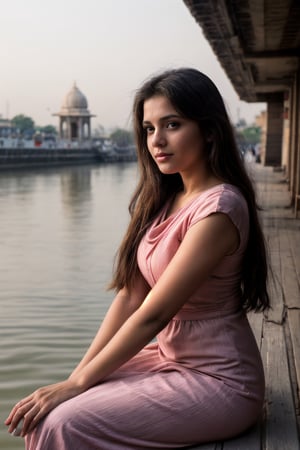 A model young Indian girl sitting by the banks of the Ganges River during sunrise, the soft light casting a warm glow on her features, her traditional attire reflecting the rich cultural heritage of India, the sound of temple bells and chanting echoing in the background, Painting, acrylic on canvas capturing the spiritual essence of the moment, --ar 16:9 --v 5, photography, best quality, ultra quality, 8k UHD, 16k, 32k, cute slightly pink dress,SD 1.5