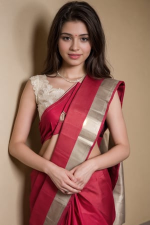 AA studio portrait of a bride adorned in traditional bridal saree, the half-body composition capturing the excitement and anticipation in her eyes, the studio backdrop adorned with floral motifs echoing the festive mood, Photography, utilizing high-resolution medium format equipment to preserve every intricate detail, --ar 16:9 --v 5, photography, best quality, ultra quality, 8k UHD, 16k, 32k, cute slightly pink dress,SD 1.5