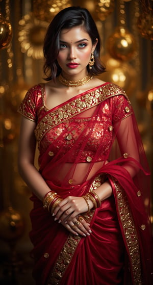 a woman dressed in a deep red saree, adorned with gold embroidery and a matching blouse. She is adorned with a pair of gold bracelets and earrings, adding a touch of luxury to her outfit. Her hair is styled in a sleek bob, and her eyes are a piercing blue. She stands in front of a backdrop of golden decorations, adding depth to the composition. The backdrop is blurred, creating a stark contrast to the woman's attire.