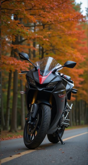 A close-up shot of a black motorcycle parked on the side of a road. The motorcycle is facing towards the left side of the frame. The front of the motorcycle is visible, and it has a red stripe running down the center of the body. The bike is facing the right side, and its front wheel is visible in the foreground. The background is blurred, but it appears to be a forest of trees with orange and green leaves.