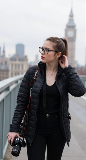 a woman stands on a bridge, holding a black Canon camera in her right hand. She is facing the left side of the frame, her left hand resting on her ear. She's wearing a black jacket, black pants, and a necklace around her neck. The woman's hair is pulled back in a ponytail, and she is wearing a pair of glasses. The background is blurred, with a few buildings visible in the distance.