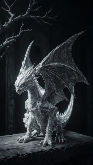 a standing beautiful fluffy little dragon, against an black background, with beautiful gray branches hanging on the wall