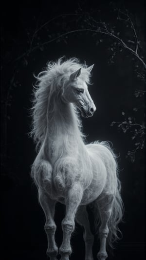 a beautiful fluffy little pegaso, against an black background, with beautiful grey branches hanging on the wall