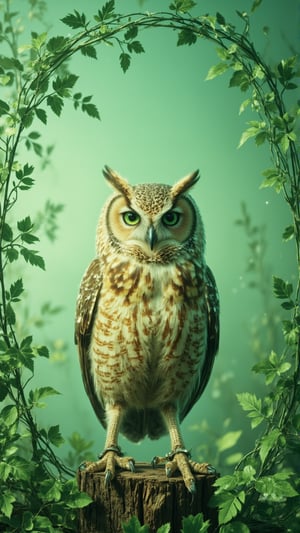 a standing beautiful fluffy little owl, against an sky green background, with beautiful green branches hanging on the wall