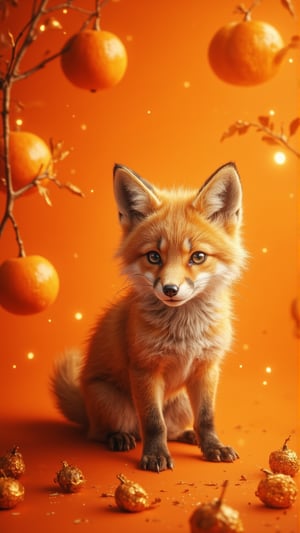 a beautiful fluffy little fox, against an orange background, with beautiful orange branches hanging on the wall