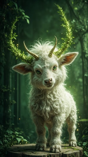 a beautiful fluffy little minotaur, against an green background, with beautiful green branches hanging on the wall