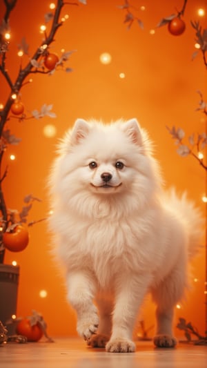 a beautiful fluffy little tuger, against an orange background, with beautiful orange branches hanging on the wall