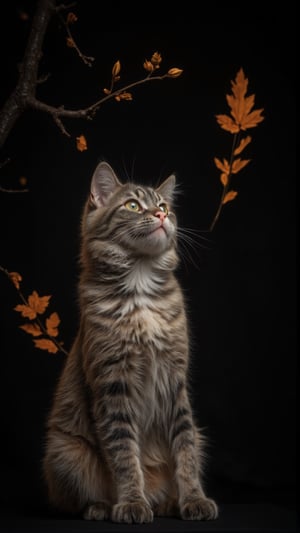 a standing beautiful fluffy little cat, against an black background, with beautiful orange branches hanging on the wall