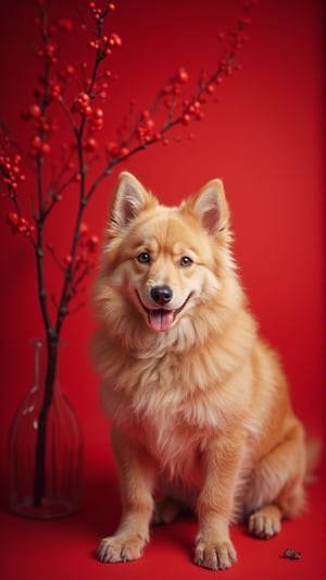 a beautiful fluffy little dog, against an red background, with beautiful red branches hanging on the wall