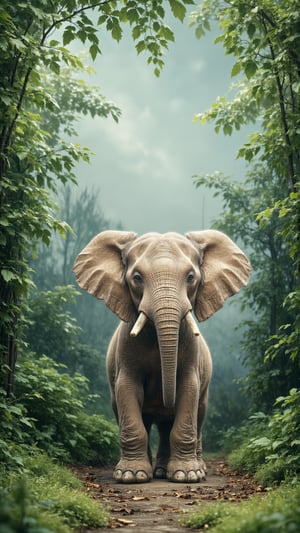 a standing beautiful fluffy little elephant, against an sky green forest background, with beautiful green branches hanging on the wall