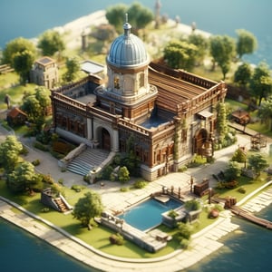 8k, RAW photos, top quality, masterpiece: 1.3),
The island of Ellis Island, surrounded by water
, miniature, landscape, depth of field, ladder,  from above, English text,architecture, tree, potted plants, isometric style, simple background, white background,3d isometric,steampunk style,ff14bg,DonMSt33lM4g1cXL