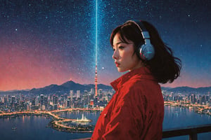 (best quality, masterpiece:1.2), style of satoshi kon, Bo Bartlett, 1girl, (seoul skyline:1.5), gradient constellation, (planet in the sky), detailed stars, detailed city, neon cityscape, magical realism, translucent, volumetric lighting, headphone, red jacket, dark colors, film grain, detailed, korean aesthetics, vibrant