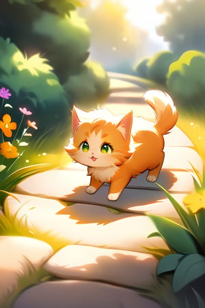 A whimsical scene unfolds on a warm afternoon, as a tiny, bright orange kitten with a fluffy tail and big green eyes takes a languid stroll along a winding stone path, lined with lush greenery and vibrant wildflowers. The camera captures the kitten's carefree expression, its tiny paws barely touching the ground, as it paces effortlessly beneath a golden glow of warm sunlight.