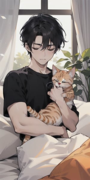 The morning sunlight slanted through the open curtain window and shone in the bedroom with the wind. A beautiful boy with black hair was sleeping on the pillow with his eyes closed. A orange kitten stood in front of his pillow and spoke with Her nose touched his forehead gently.,masterpiece,1guy