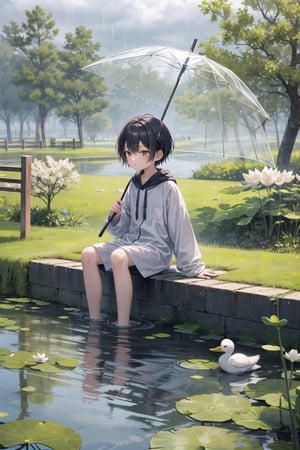 On a cloudy and rainy day, a short boy held a transparent umbrella and leaned quietly against the fence next to the willow tree blown by the breeze, admiring a pair of cute little white ducks playing in the lotus pond.