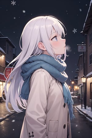 A long-haired girl looked up at the falling snowflakes alone on a dim  street at night. She wore a light blue scarf and winter casual clothes. She let out a soothing breath,45 degree side view